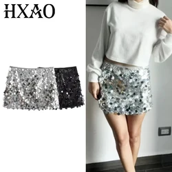 HXAO Women's Skirt Mini Sequins Skirts For Women Shiny A Line High Waist Skirt Glitter Silver Black Skirts Korean Style Skirts