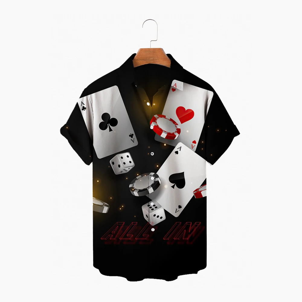 

2024 New Summer Men's Short Sleeved Shirt, 3D Playing Card Printed Shirt, Men's Hawaiian Shirt, Lapel, Single Button, BeachTop