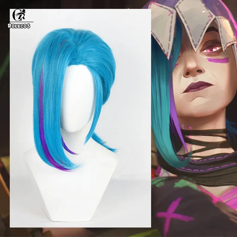 ROLECOS لعبة LOL الموسم 2 فضفاض مدفع Jinx شعر مستعار تأثيري 45 سنتيمتر مختلط اللون النساء الباروكات مقاومة للحرارة الشعر الاصطناعية