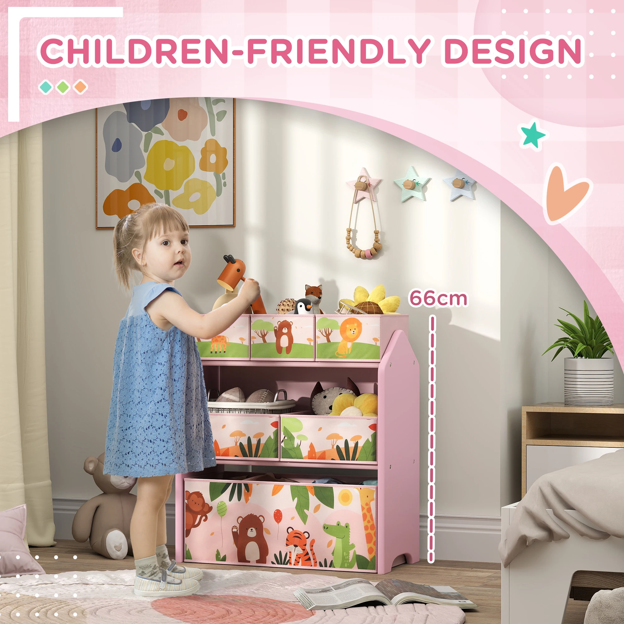 AIYAPLAY Kids Storage Unit, 3-Tier Toy Organiser Shelf with 6 Removable Storage Boxes, for Playroom, Bedroom Nursery, Pink