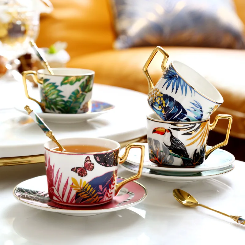 220ml Ceramic Coffee Cup Saucer Creative Flower Bird Mug Exquisite Afternoon Tea Flower Tea Coffee Cup Home Breakfast Milk Mug