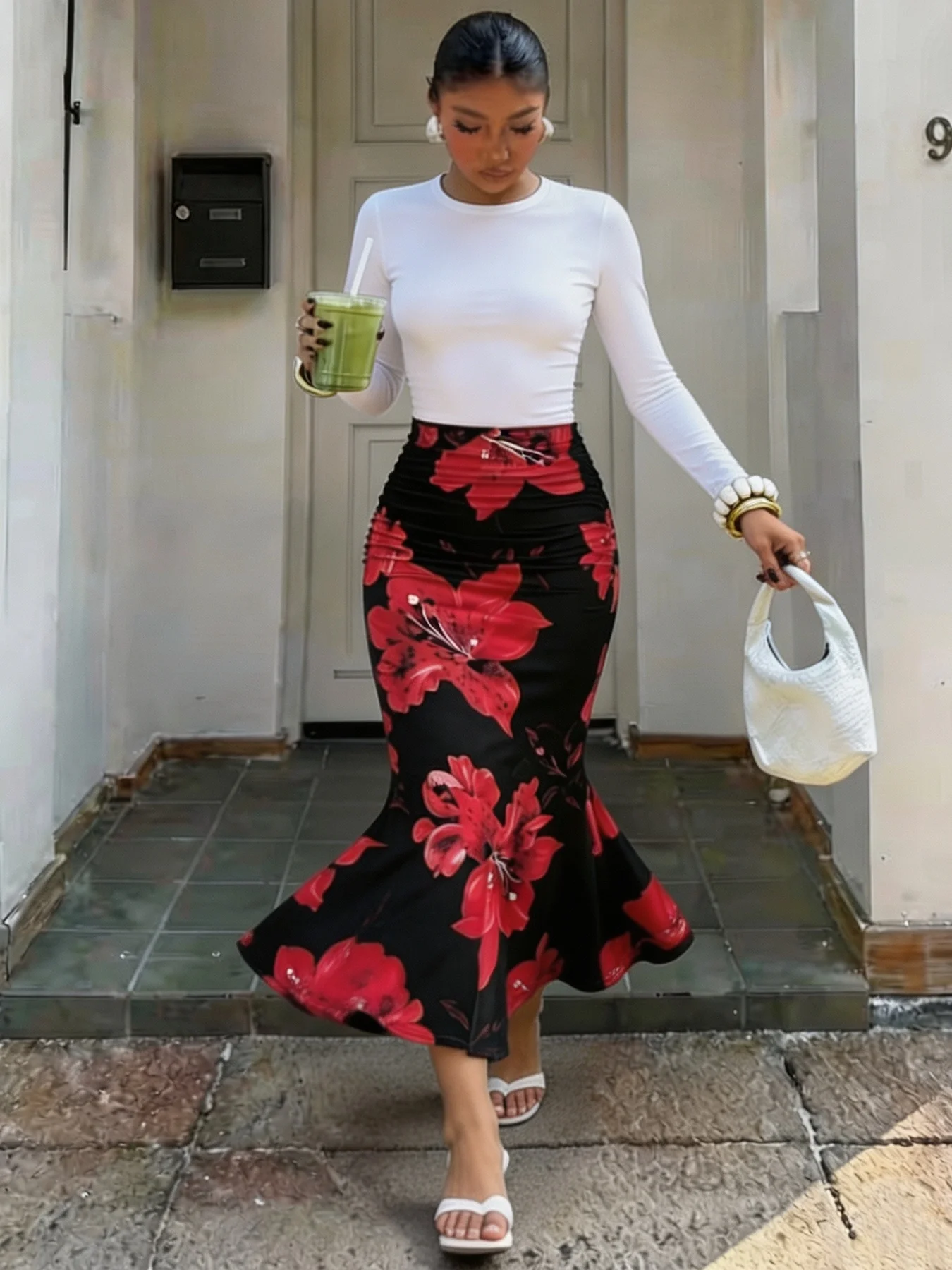 Women Two Piece Set Long Sleeve Crew Neck T Shirt Top High Waist Bodycon Midi Skirts Floral Print Fishtail Elegant Party Outfits