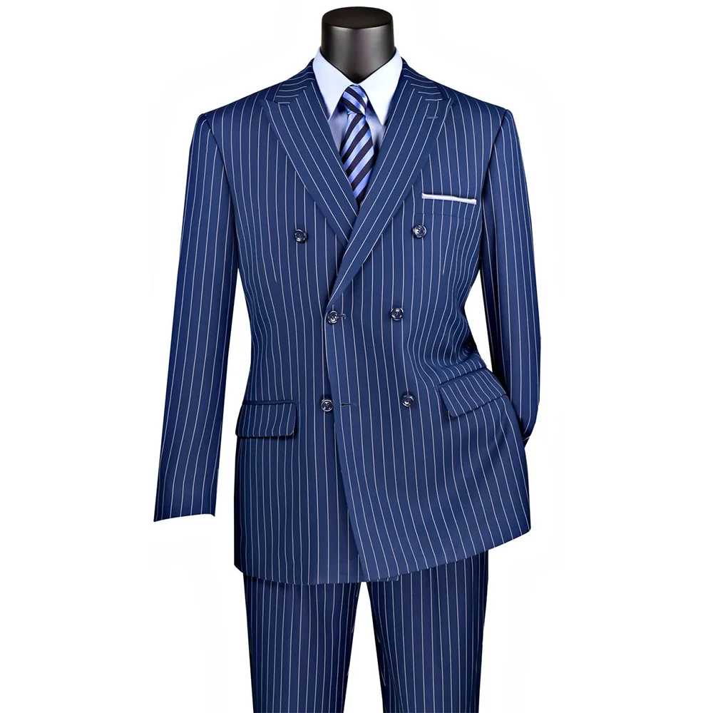 

Blue Stripe Men Suits 2 Piecs Blazer Pants Double Breasted Peak Lapel Elegant Business Work Suits Banquet Coustome