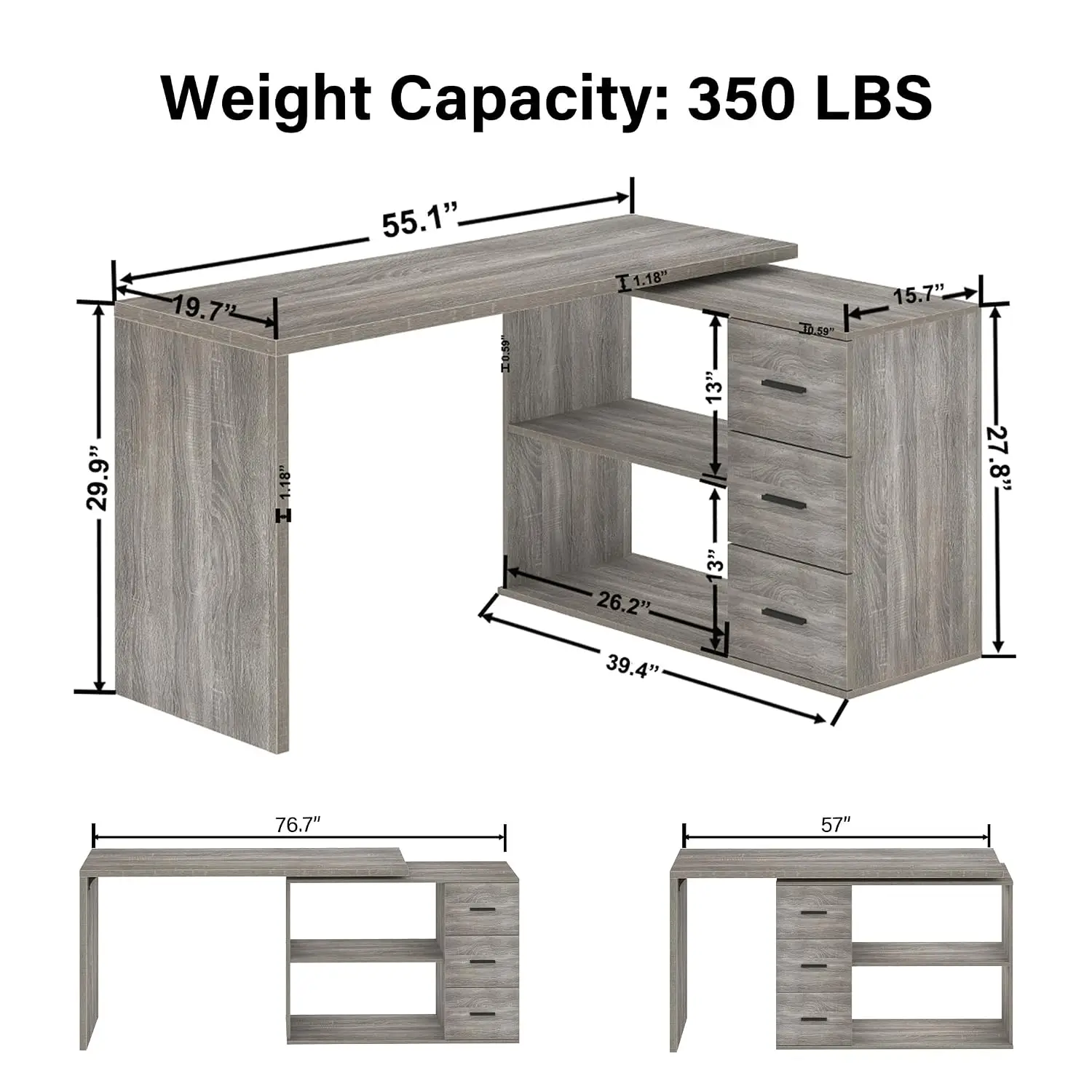 L Shaped Desk with Drawers 360 Rotating Corner Desk with Shelves Convertible to Long Desk Home Office 55-76 Inch, Customized