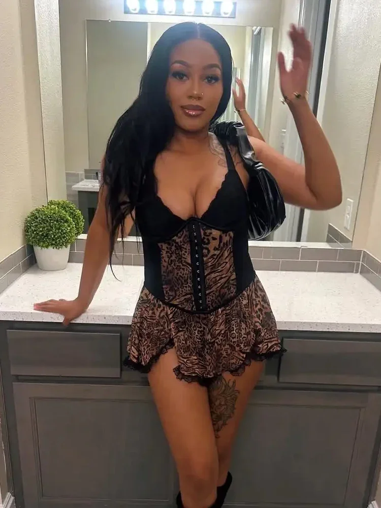 Leosoxs Patchwork Spitze Saum Camis Kleid Frauen Chic Y2K Sexy Leopardenmuster Rückenfrei Geburtstag Urlaub Mitternacht Clubwear Bodycon