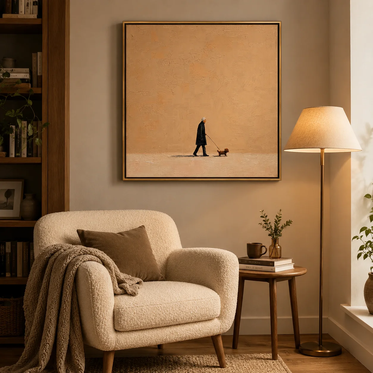 The Afternoon Stroll – Warm Peach Folk Man & Dog Portrait Painting | Minimalist Square Entryway Art for Bedroom, Living Room view 6