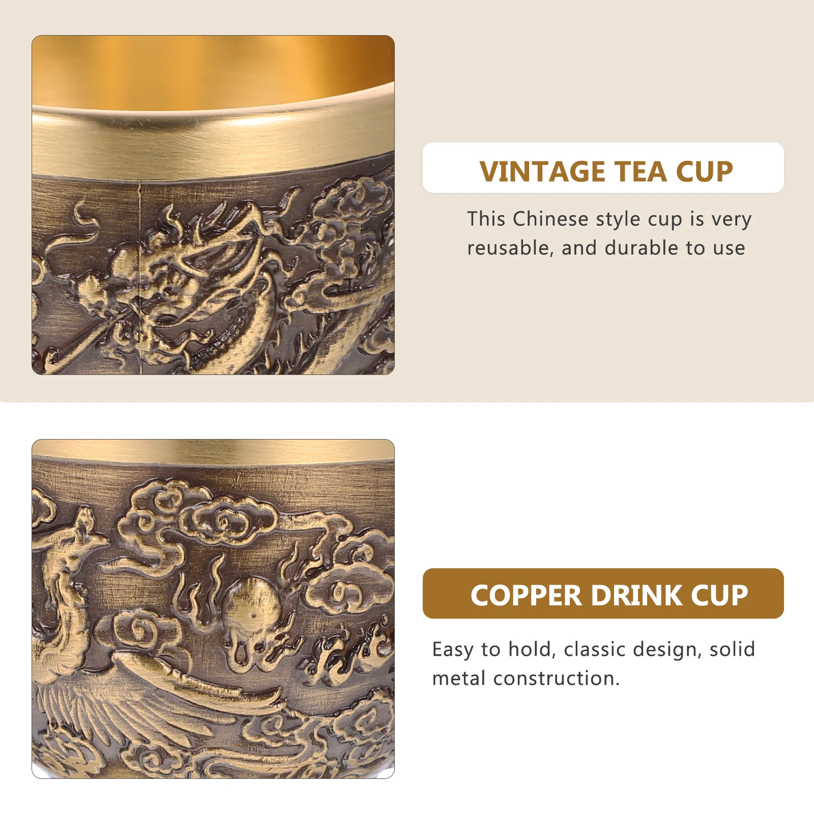 

2pcs Chinese Style Copper Tea Cup Retro Vintage Metal Drink Mug Beer Liquor Cup Pattern Reusable Portable Home Office