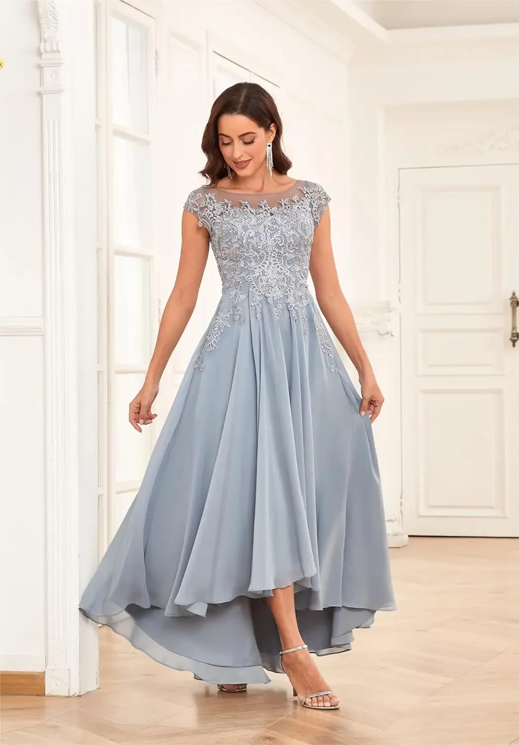 Elegant A-Line Lace Appliques Chiffon Mother of The Bride Dresses for Wedding Cap Sleeve Tea Length Formal Gown with Pockets