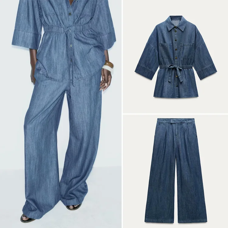 

New Arrival Autumn Women's Fashion Set Casual Denim Shirt with Drape Long Sleeve Collar And Long Pants Two-Piece Suit
