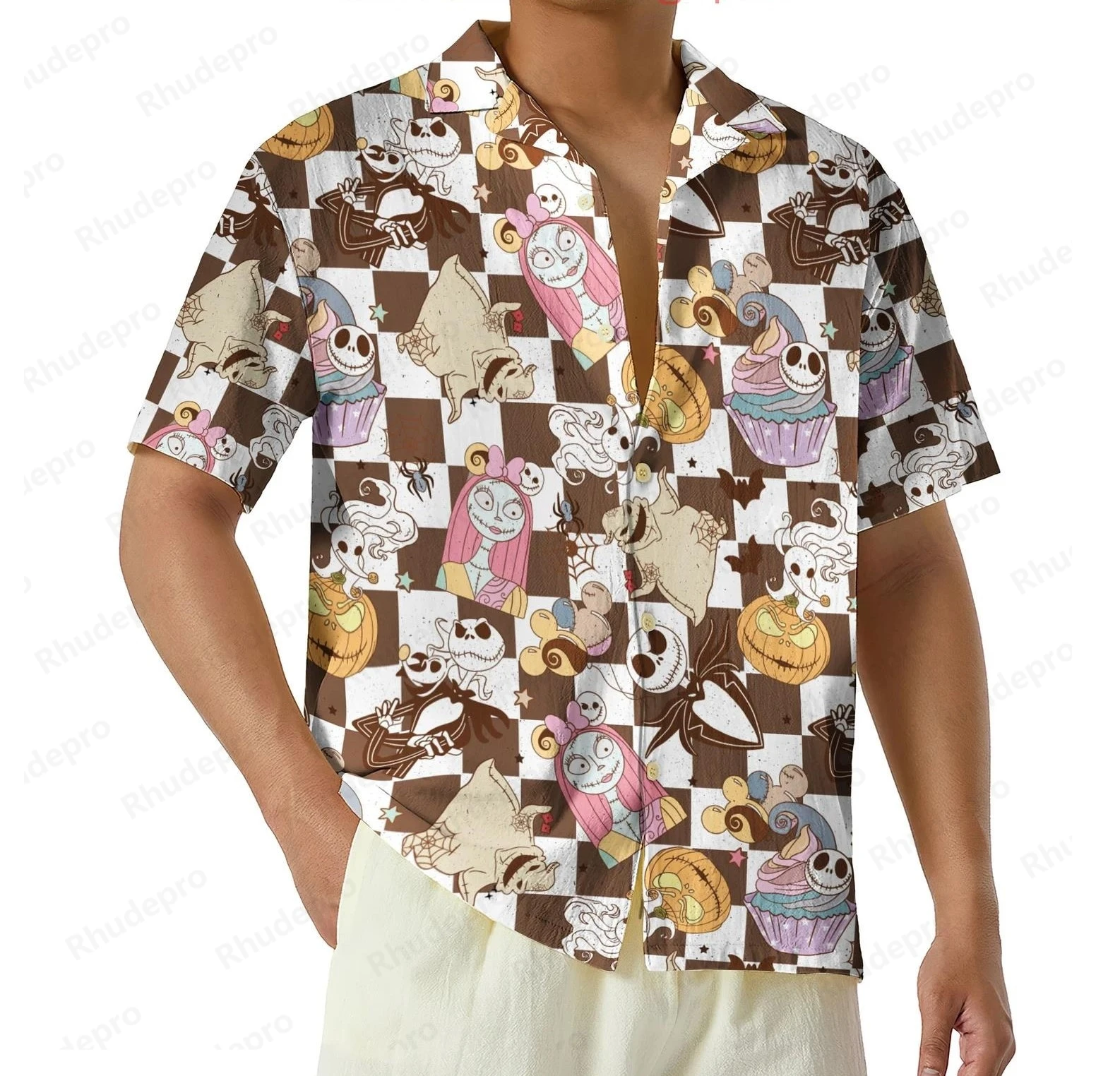 

Disney Jack Skellington Sally Hawaiian Shirt Men's Womens Short Sleeved Button Up Shirt The Nightmare Before Christmas Beach