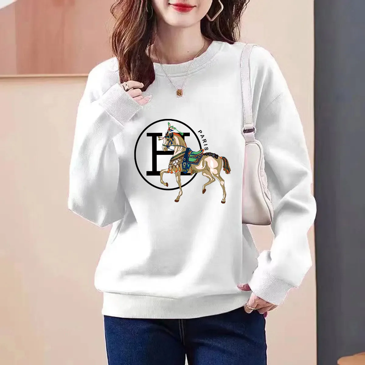 Women Clothing O-neck Sweatshirts Autumn Fashion Printed Loose Casual Hoodies Comfortable Pullover Pure Cotton Tops