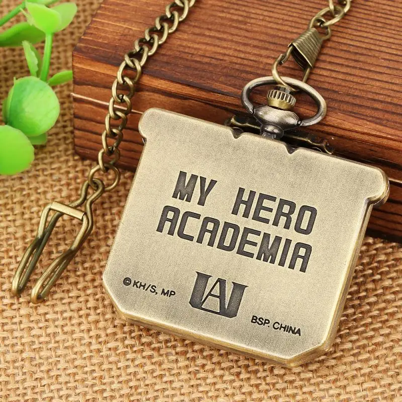 Bronze My Hero Academia Anime Quartz Pocket Watch Square Shaped Alloy Metal Steampunk Men Watch with Chain Antique Clock Vintage