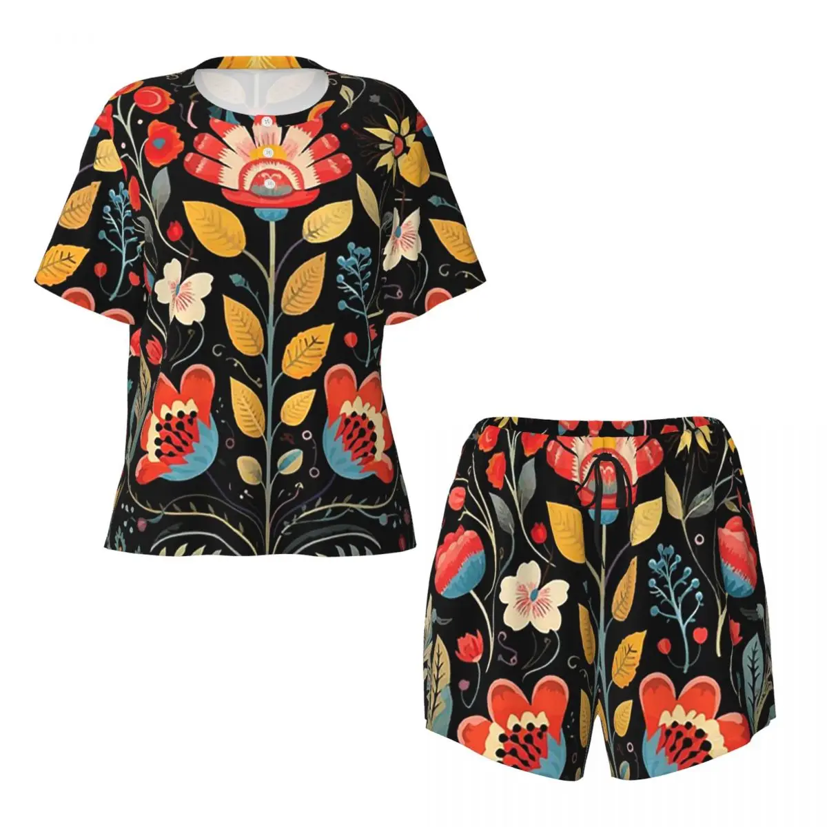 

Пижамный комплект для женщин: ночная рубашка с коротким рукавом и круглым вырезом, с принтом польских народных цветов, и свободные шорты.