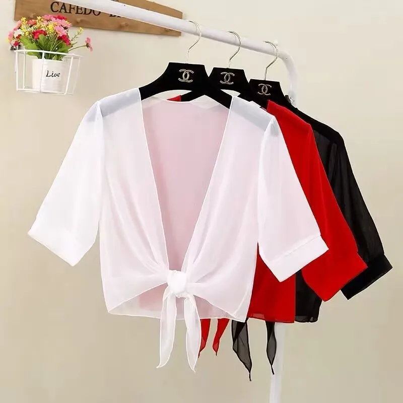 Korean Women's Sun Clothing Summer Air Conditioned Cardigan Sunscreen Shawl Female Chiffon Ice Silk Blouse Neck Guard Cloak R13