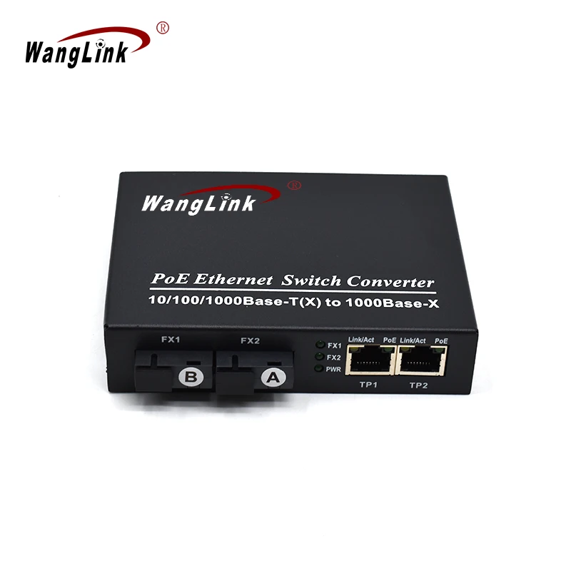 Wanglink-Poe Media Converter, Gigabit, 2 Ports, 1000 Base-X to 2 Ports, 1000 BaseT, 48V, for IP Camera, CCTV