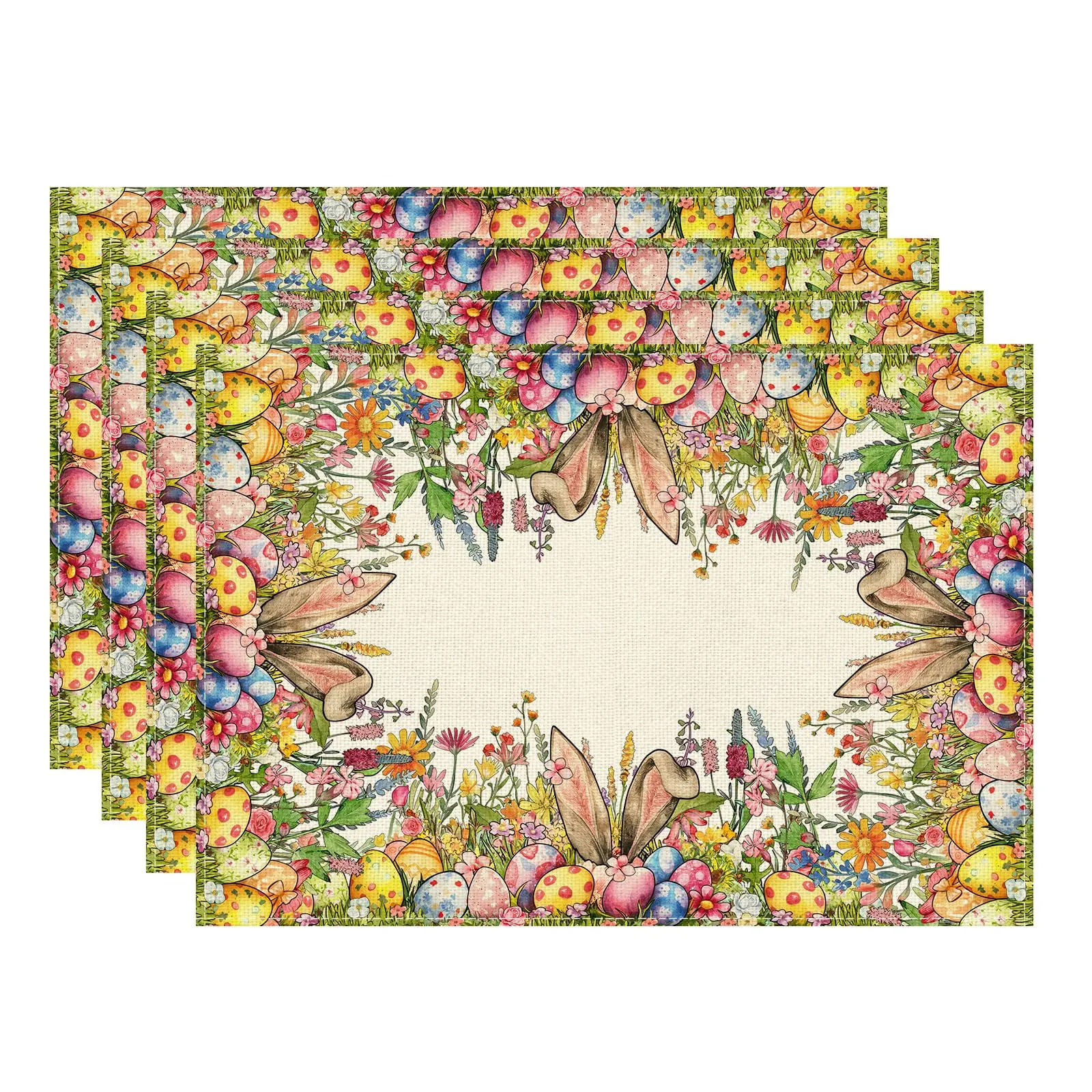 

Bunny Ears Eggs Wildflowers Easter Placemats Table Mats for Party Home Kitchen Dining Table Decorations 12x18 Inch