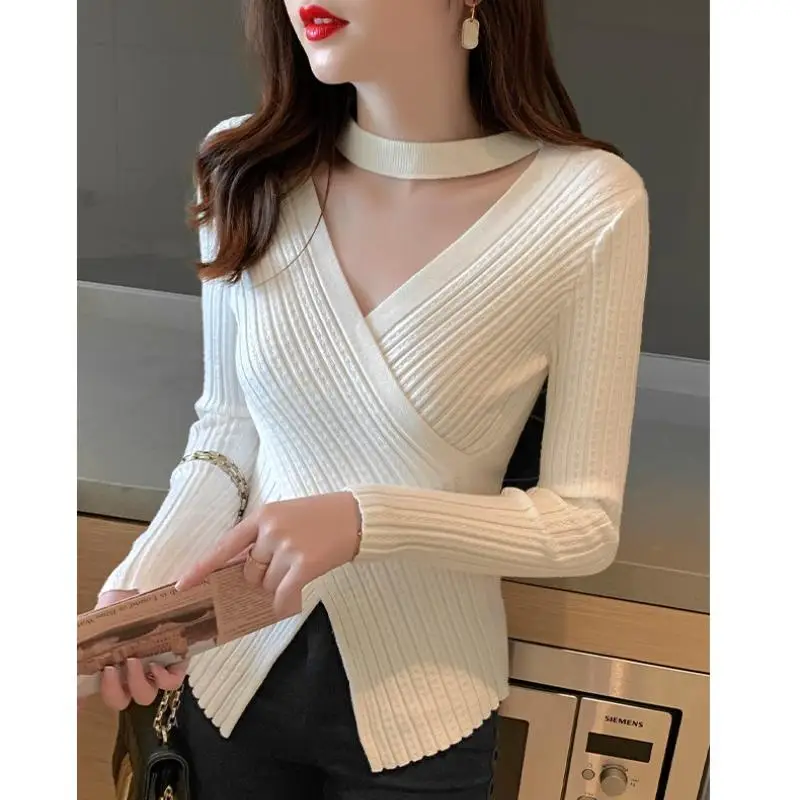 Autumn V-neck Long Sleeve Knitted Sweater Women Top Solid Winter Women Clothing Fashion Pullover Sweaters Female Warm Knitwears