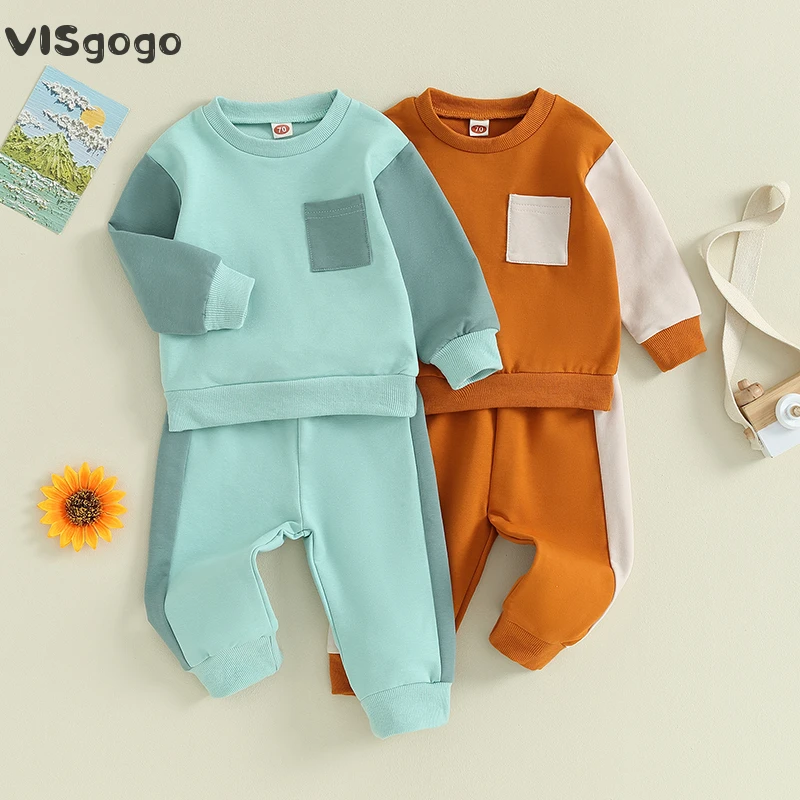 

VISgogo Baby Boys Clothes Set Contrast Color Long Sleeve Crew Neck Sweatshirt with Elastic Waist Sweatpants Infant Fall Clothes