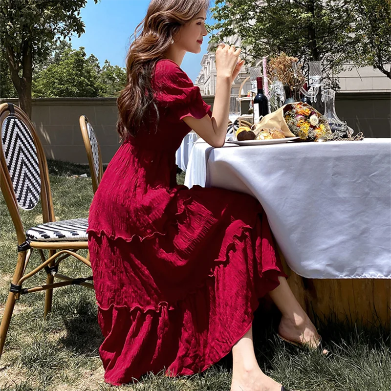 French Square Collar Red dress Women's Clothing 2024 Summer Slim Sanya Seaside Holiday Beach dresses Fairy Cake Party Vestidos