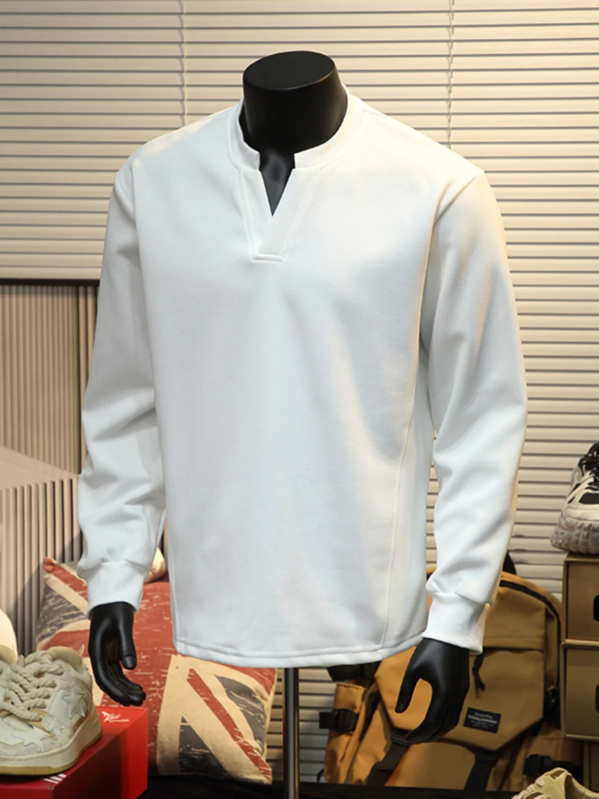 Cleanfit الأبيض طويل Sve V-Ne هنري تي شيرت بياقة الرجال ربيع الخريف Fitn Muscle ow ملابس داخلية مريحة فضفاضة تناسب