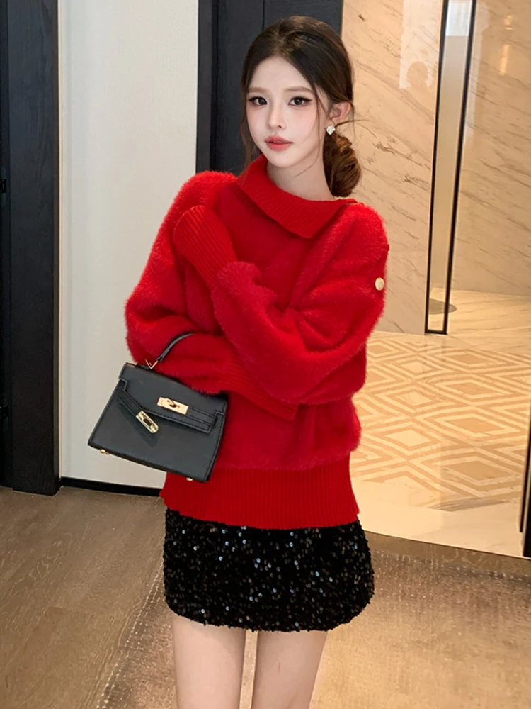 

Turtleneck Winter Red Sweater Women Elegant Thicken Dissymmetry Warm Sueter Knitted Pullover Slim Tops Lazy Knitwear Outfits New