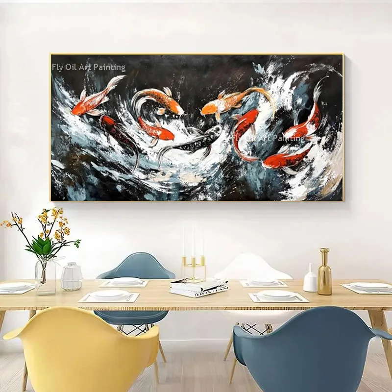 Black And White Ocean Wave Canvas Thick Artwork Red Kois Oil Painting Handpainted Specail Blue Sea Yellow Fishes Wall Art Decor