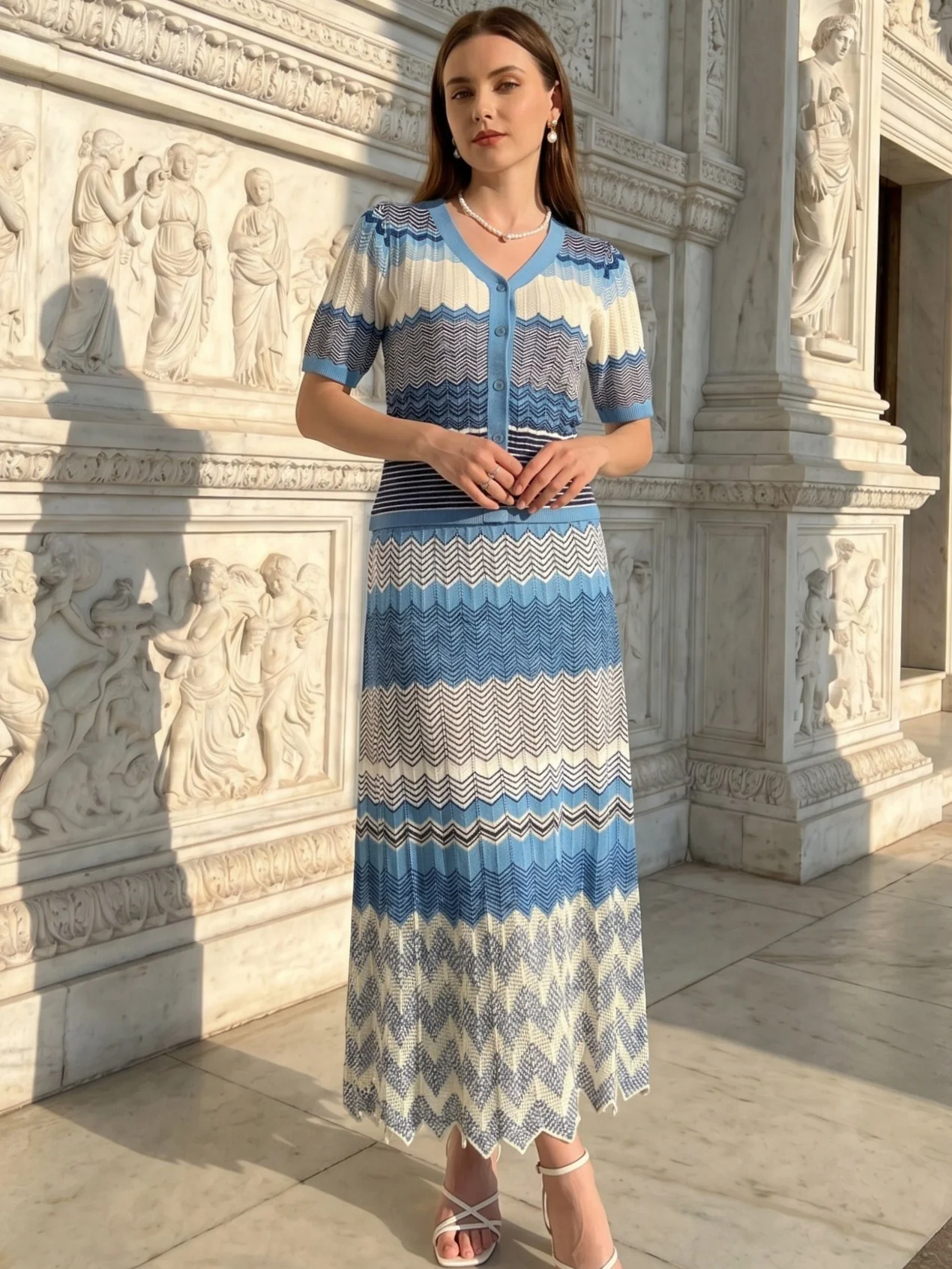 Zigzag Luxusmarken-Design Blaues Elegantes 2-Teiliges Strickkleid-Set für Damen Zig Zag Arabisch Europäisch Beliebte Urlaubs-Strandkleidung – Detail 9