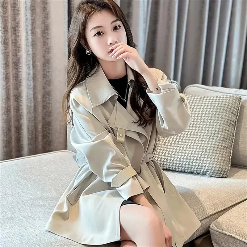 2024 New Women Spring And Autumn Trench Coat Small Mmid-length Korean Version Of Fashion Western Style Coat High-end Design Sens