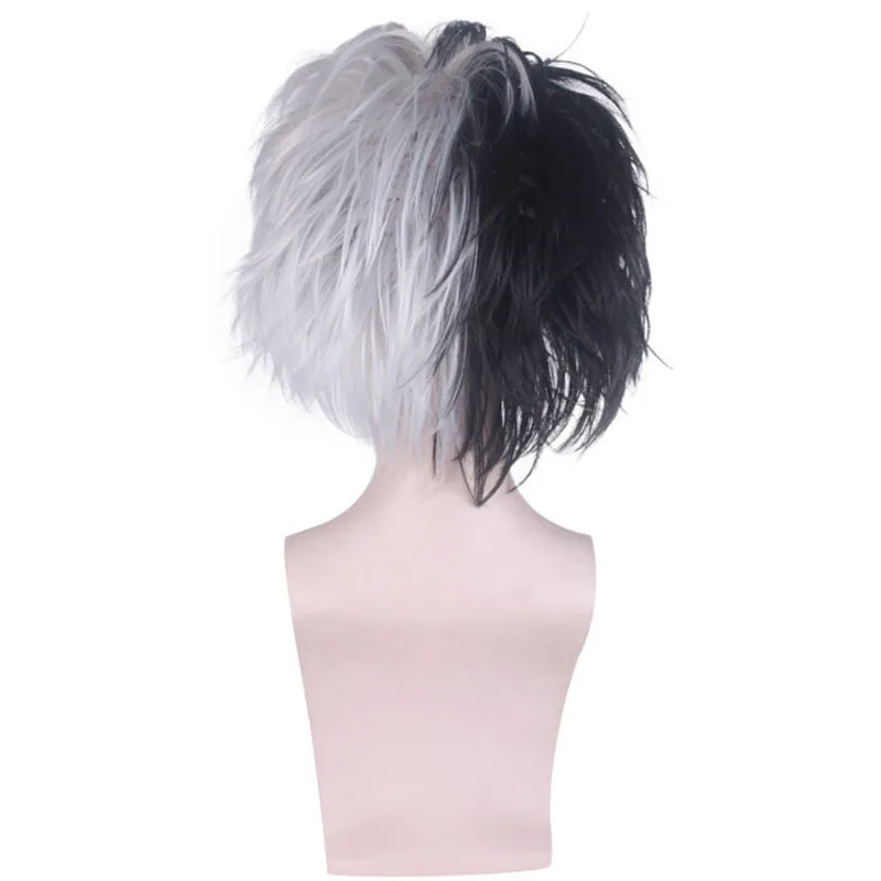 Cruella de vil peruca filmes cruella de vil cosplay metade preto e branco peruca afro de duas cores