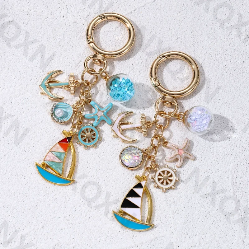 Classic Ship Anchor Shell Star Starfish Enamel Keychain Ocean Animals Sea Key Ring For Women Men Friend Gift Handmade Jewelry