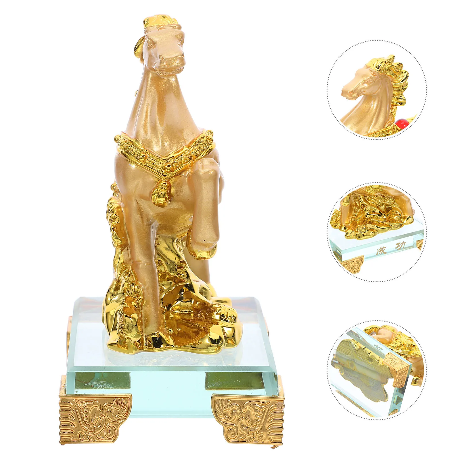 

5pcs Set of 5 Office Decor Horse Car Decoation Zodiac Golden Statue Resin Ornament