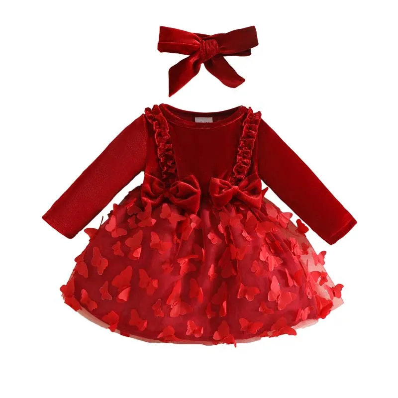 

0-18 Months Baby Girl Dresses Burgundy Long Sleeve Butterfly Mesh Patchwork Dress With Hairband Autumn Newborn Baby Girl Clothes