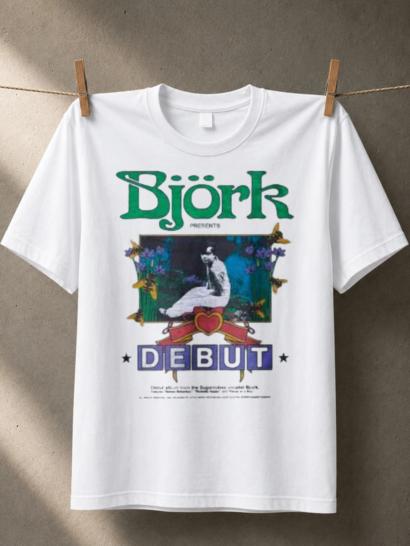Bjork Debut Album Inspired green title framed portrait butterflies heart ribbon and nostalgic 90s  Unisex All T-Shirt