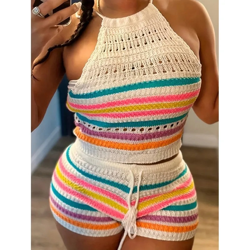 

Women Suits Hhanging Neck Lace-up Sleeveless Backless Tops Female Casual Knitted Rainbow Stripes Two Piece Sets Slim Fit Shorts