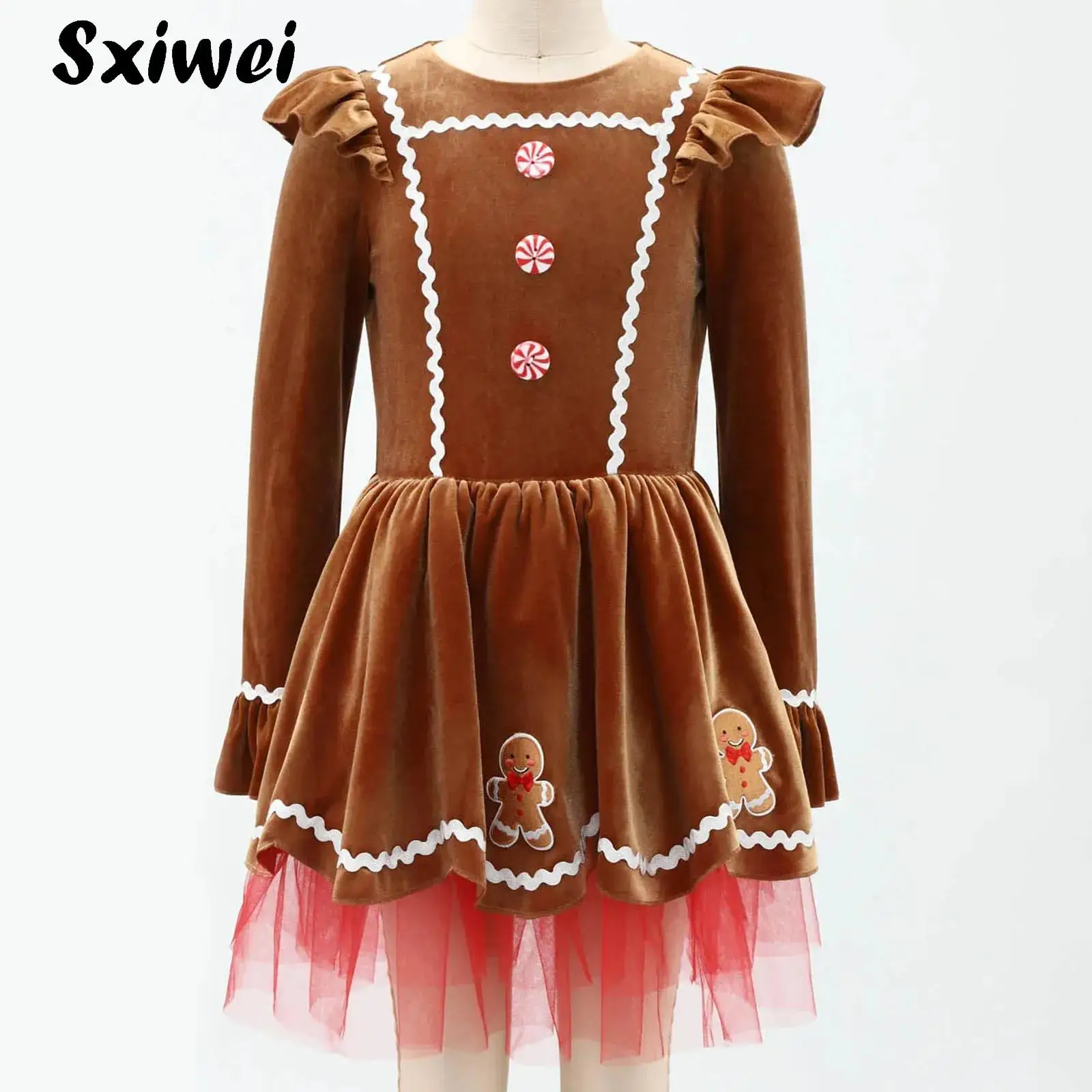 

Girls Christmas Cookie Gingerbread Man Costume Long Sleeve Velvet Tutu Dance Dress Xmas Holiday Show Party Leotard Dancewear