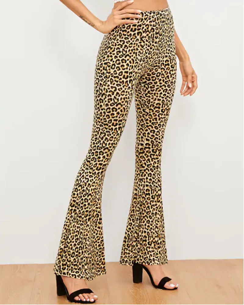 Leopard Print Flare Leg Pants  Casual High Waist Floor Length Pants  Women\'s Clothing