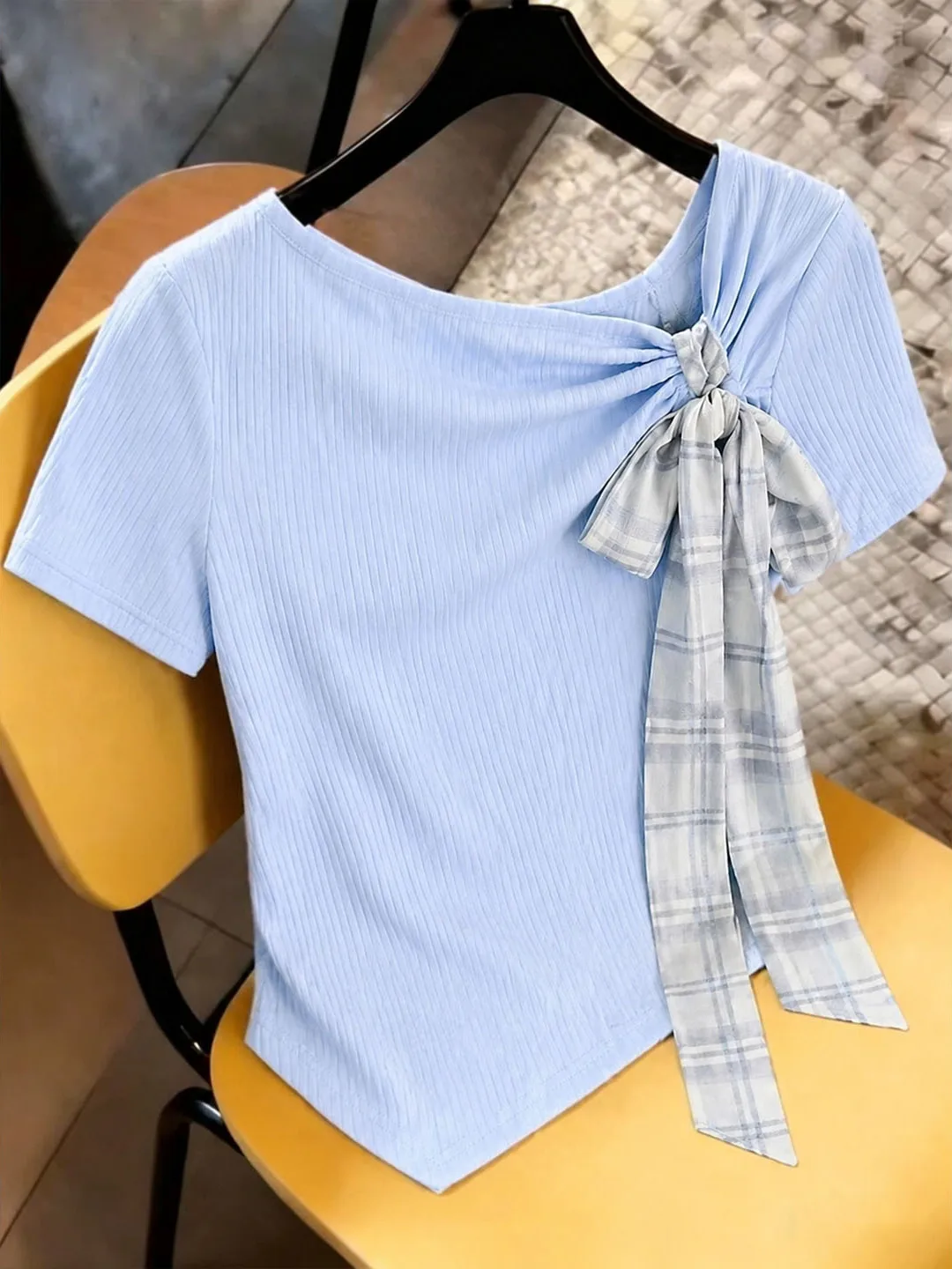 

Knot Short Sleeve Knitted Top Knot Casual Slimming Daily Commute Style Fashionable Women's Shirt Korean Version Str...