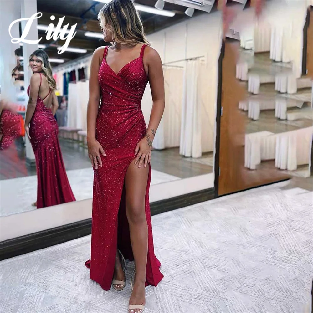 

Lily Red V-Neck Prom Dress Spaghetti Strap Sleeveless Evening Dress Pleats Sequins Trumpet Backless Party Dress Robe De Soirée