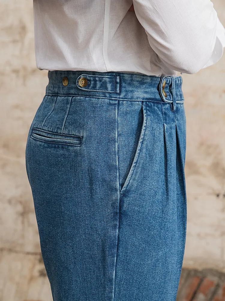 High Quality Spring Fashion Temperament Neapolitan Jeans Casual Retro All-Match High Waist Straight-Leg Pants Men