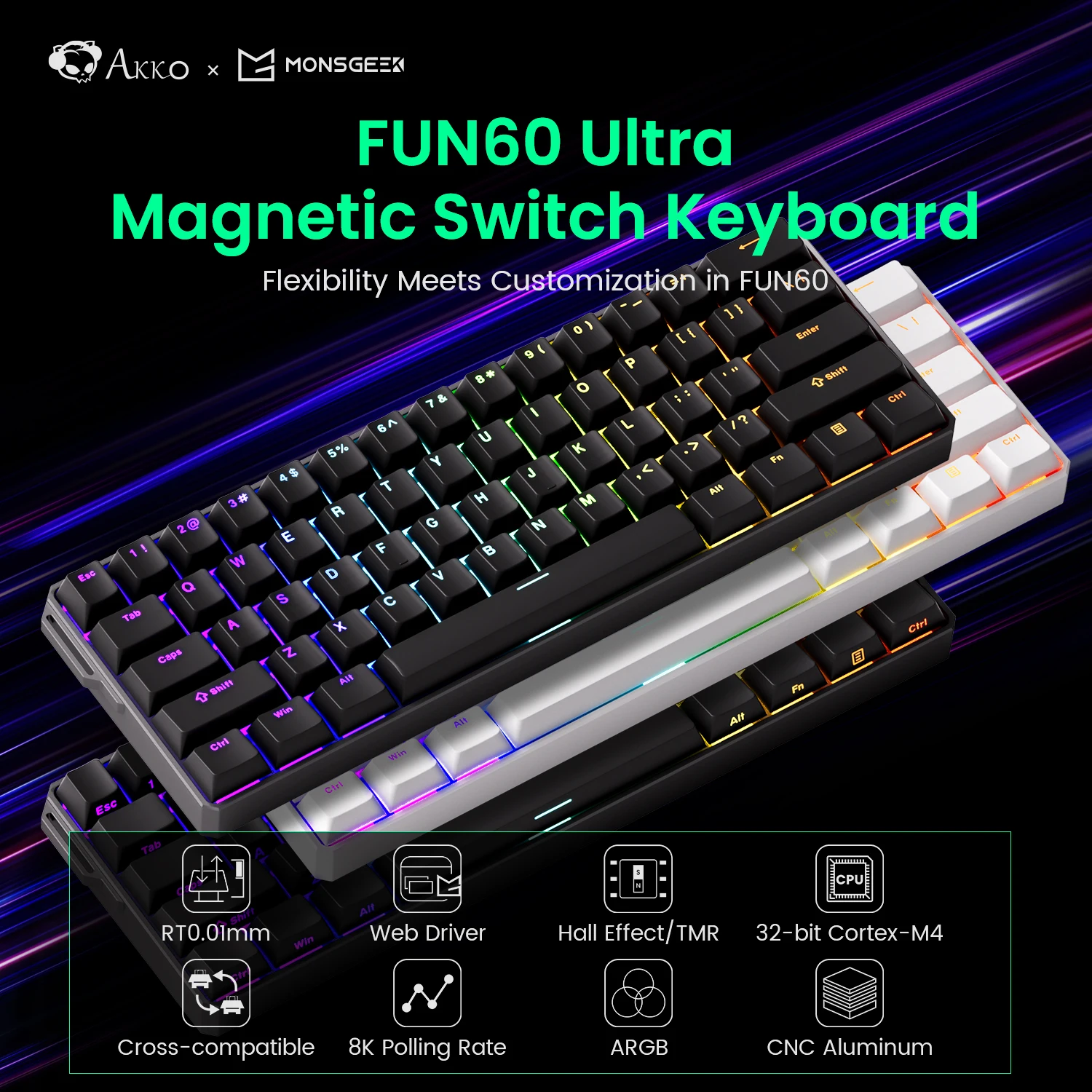 アルミニウム製メカニカルゲーミングキーボード,akko,monsgeek fun60 ultra,磁気スイッチ,60% ラピッドトリガー,8k he,tmr,カスタム,ゲーマー