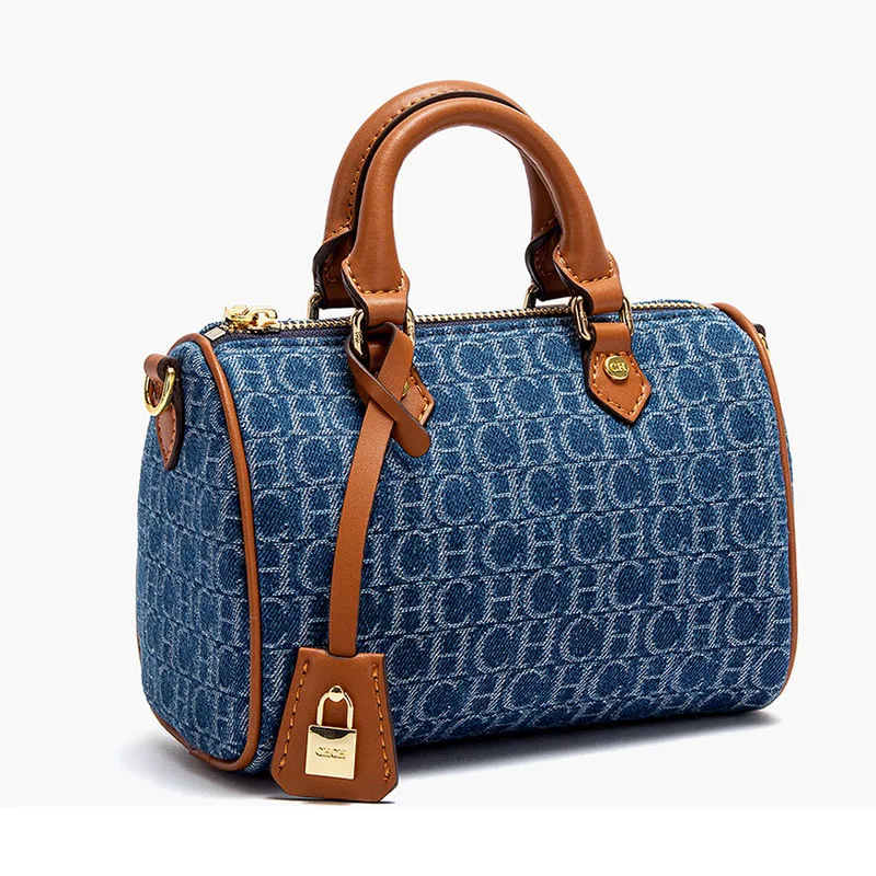 CH Vintage Denim Boston Bag for Women Luxury Designer Print Handbag Contrast Color Handle Shoulder Crossbody Bag Commuter Tote