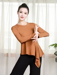 Round Neck Latin Dance Practice Tops Belly Wear Costume Classical Ruffle Competition For Prom Women Waltz Jazz Stage T-shirt