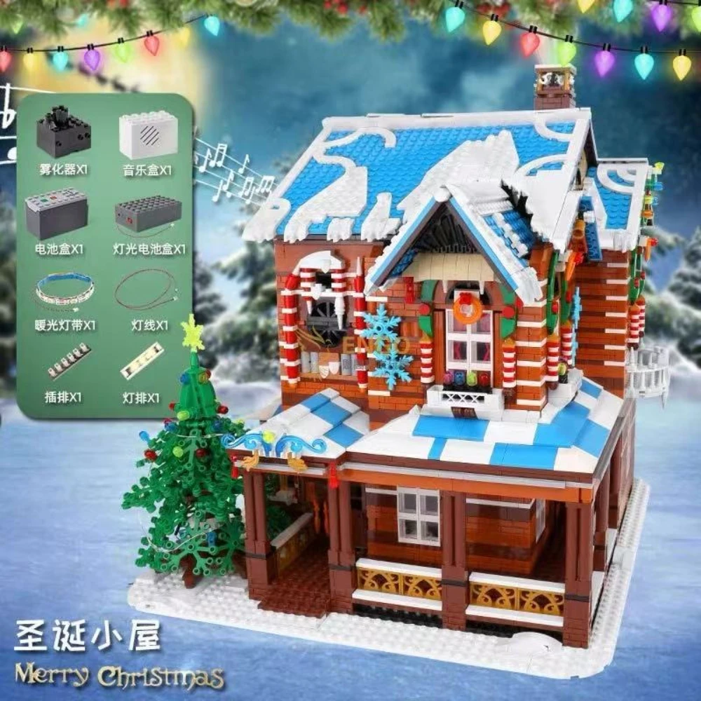 MOC – ensemble de blocs de construction de maison de forêt en bois, père noël, neige, arbre de Villa sur glace d'hiver avec jouets légers, cadeaux pour enfants