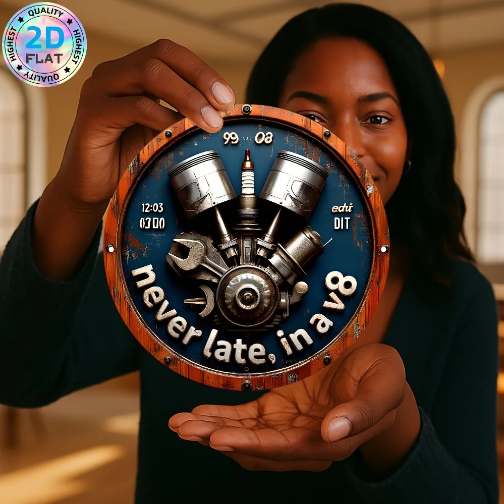 لوحة حائط معدنية بمحرك V8 مسطحة ثنائية الأبعاد - ديكور جراج ريفي باللونين الأزرق والبرتقالي | تتميز بمفتاح الربط وتصاميم أسطوانة الزيت #2