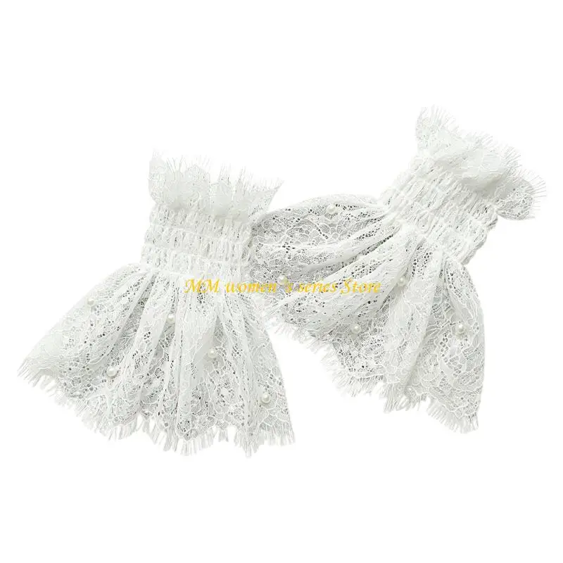 Q39C Elegant Lace Wrist Cuffs Lace Pearls Studded Nails Photography Props Soft Fabric Comfortable Elastic Edges