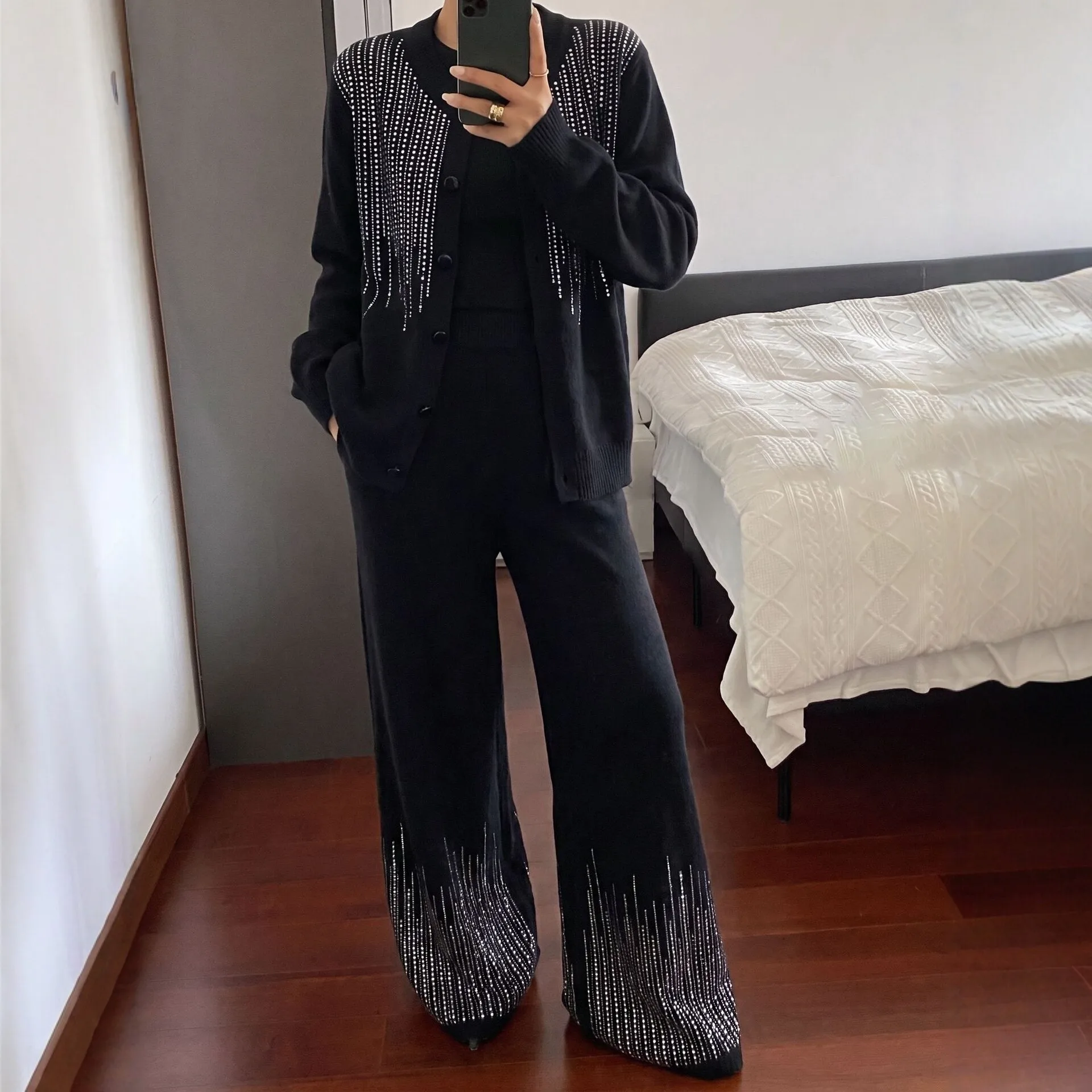 Long Sleeve Knitwear Tops + Wide Legs Pants 3Pcs Set Women Diamond Beaded Knitted Cardigan Hot Drilling Rhinestones Sweater Coat