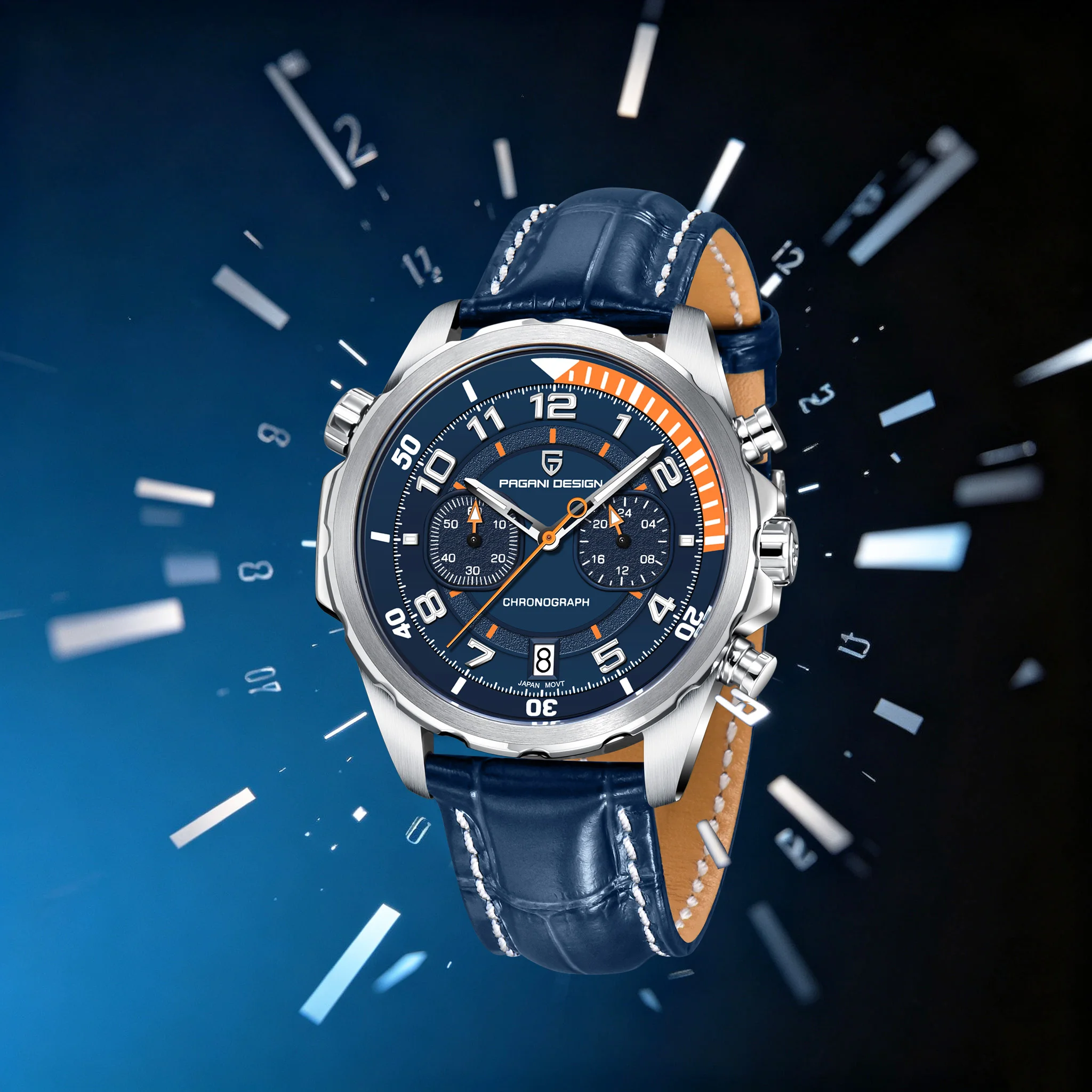 PAGANI DESIGN Dynamic & Sporty Men's Quartz Watch 44mm Multi‑Sub‑Dial Date Window Luminous Sapphire Leather Watches For Men Gift