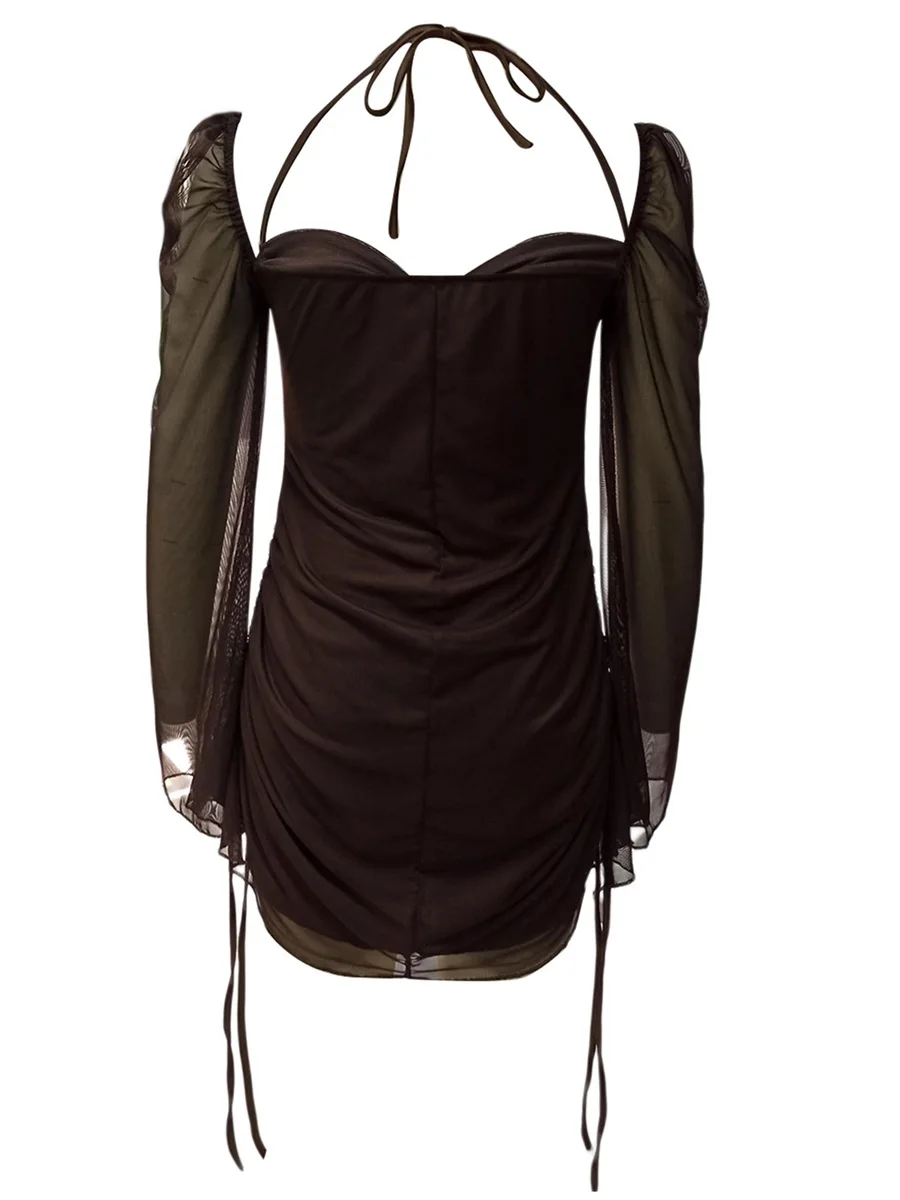 المرأة طويلة الأكمام الرباط مطوي الرسن الرقبة فستان قصير أنيق الصلبة الوردي البني فستان قصير