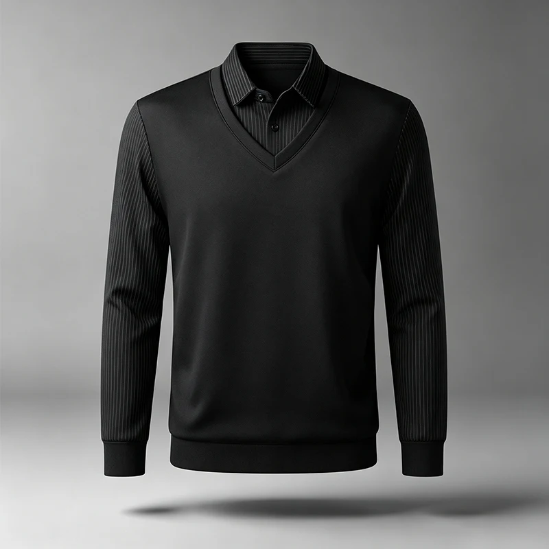 Herren-Oberteil mit langen Ärmeln, im Zweiteiler-Look, V-Ausschnitt, gerippte Ärmel, Hemdkragen-Design, weicher Stoff, ideal für Büro, Alltag und Pendel. – Detail 10