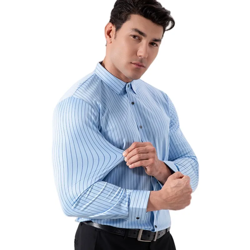 

Мужская повседневная рубашка в полоску больших размеров, весенняя базовая деловая официальная белая приталенная блузка, рубашка в корейском стиле, пальто